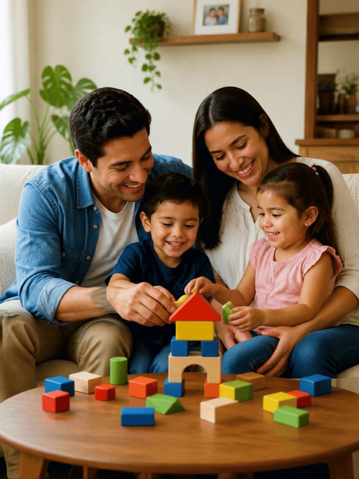 Familia jugando con bloques de colores en la sala de su casa